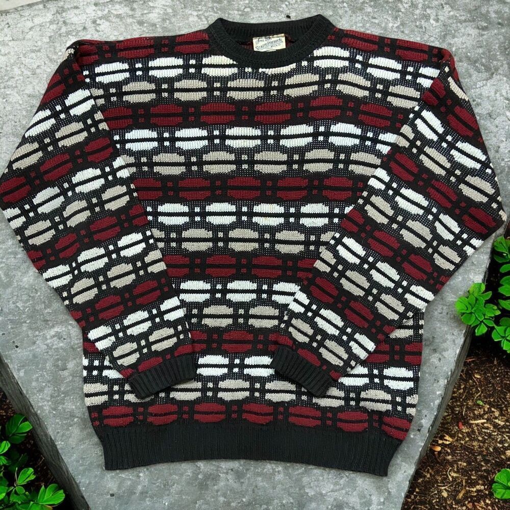 Sears Roebuck Vintage 80s Geometric Black Red White Sweater Acrylic Men's 2XLT